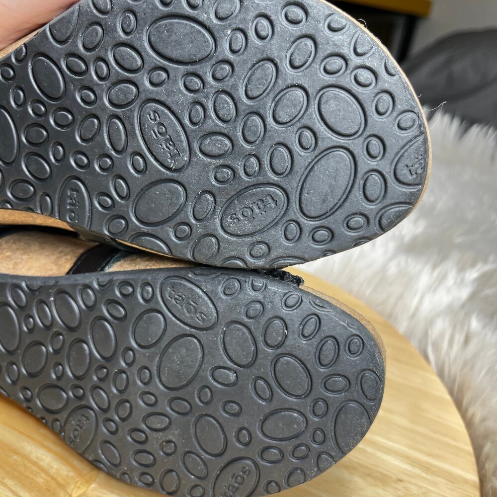 Taos Trulie Sandal Womens 9-9.5 (Eur 40) Strappy Black Woven Leather Cork Wedge - Picture 13 of 16